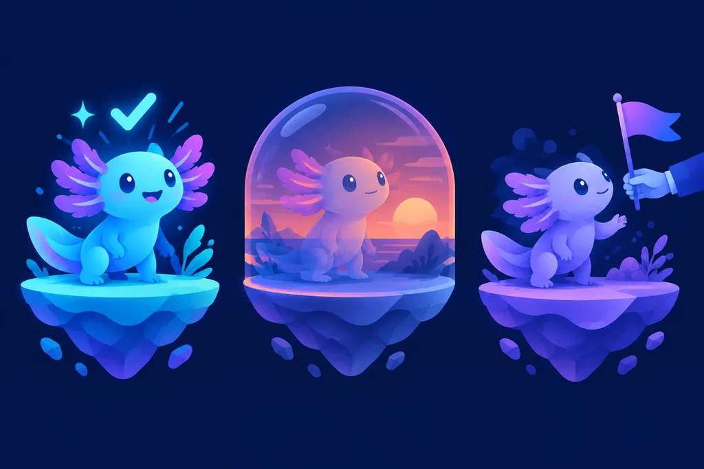 Three stylized axolotl creatures representing Axie Origins (active, glowing), Axie Homeland (faded inside a dome, sunset) and Axie Classic (flag handover to the community) on floating platforms in indigo and cyan.