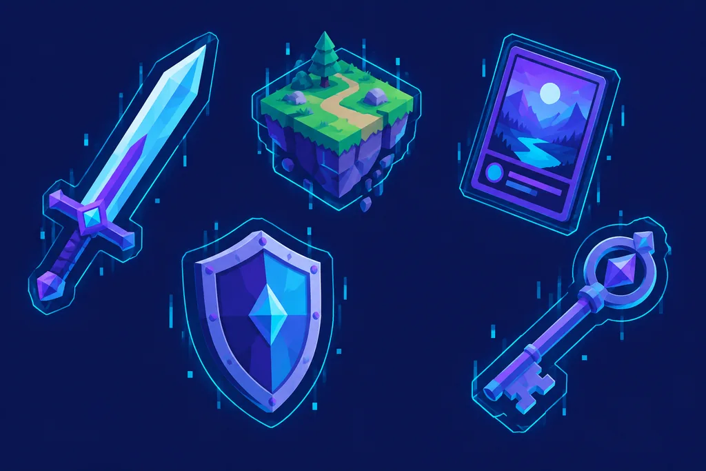 Illustration of floating video game items — a sword, an island land tile, a trading card, a shield and a key — each with a holographic cyan outline representing digital ownership