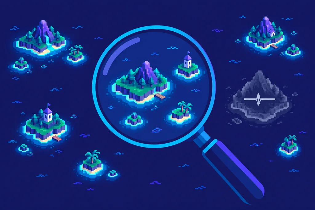 Illustration of a magnifying glass over a pixel-art map of islands: some glowing cyan and alive, one greyed-out island with a flatline signal representing a dead game