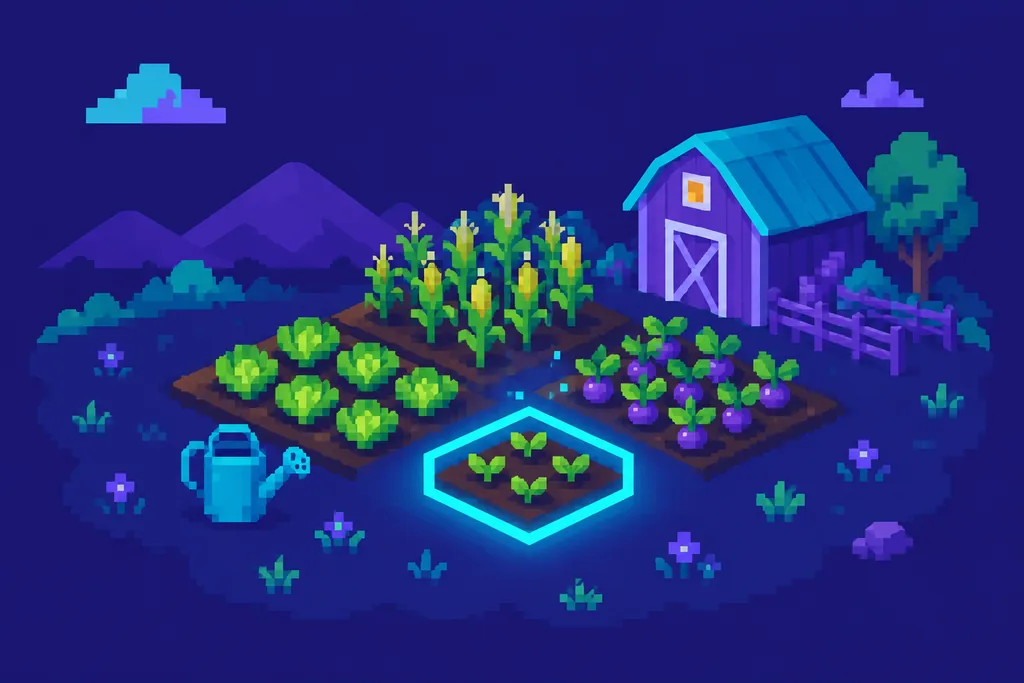 Illustration of a pixel-art farm with crops, a barn and a small plot outlined in glowing cyan, representing free starter land in the game Pixels
