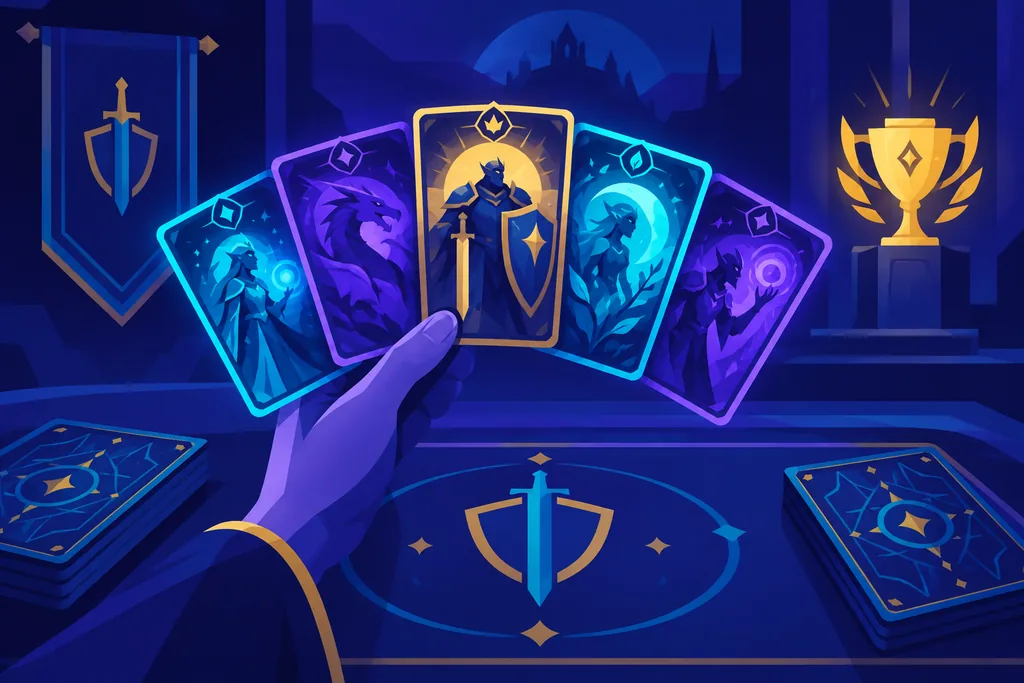 Illustration of a hand fanning five glowing fantasy trading cards over a table with a trophy, representing the card game Gods Unchained