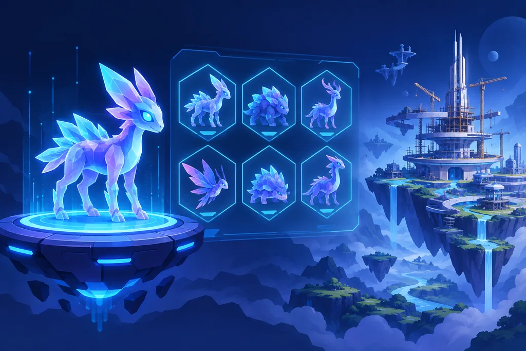 A glowing crystalline alien creature beside a holographic roster of similar creatures, with a half-built tower in the distance representing the MMO still in development.