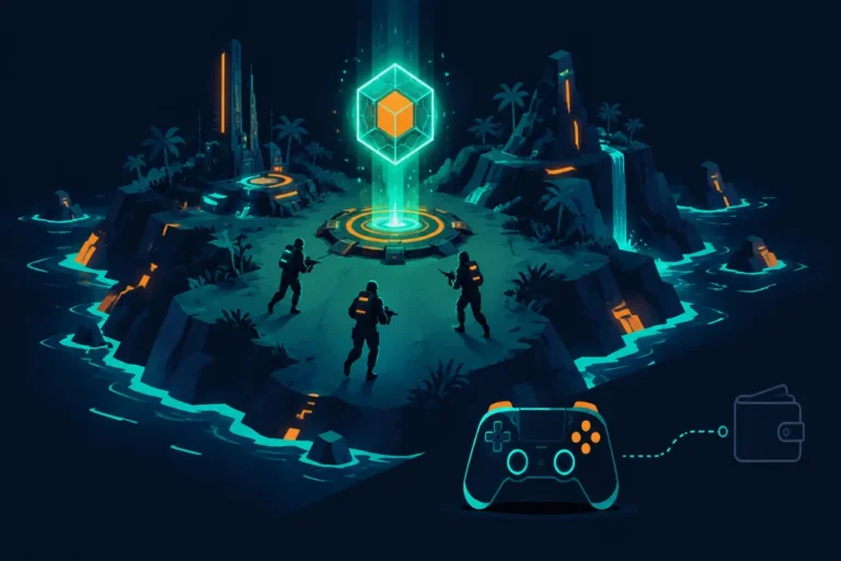 A squad of three soldiers approaches a glowing HEX cube at an extraction point on a neon island — the extraction moment where Off The Grid’s optional blockchain layer begins.