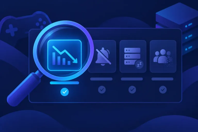 A magnifying glass highlighting a declining activity chart on a diagnostic dashboard of game health signals — silent notifications, dormant servers and a fading community icon — illustrating that one signal alone does not confirm a dying game.