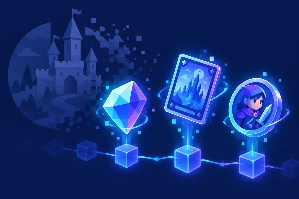 A faded game castle dissolving in the background while glowing NFT items — a gem, a card and a character token — remain lit and intact on blockchain blocks in the foreground.
