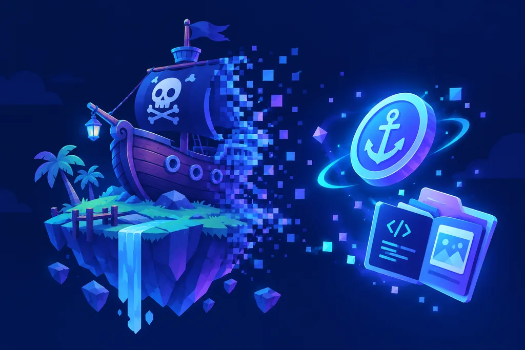 A stylized pirate ship on a floating island dissolving into pixels, while a glowing anchor-shaped token and an open-source code/art book remain lit in front.