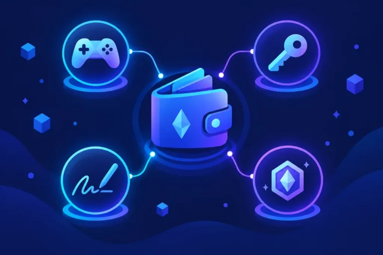 A crypto wallet at the centre connected to four glowing nodes — a game controller, a key, a signature and an asset badge — illustrating the difference between a game account, connecting a wallet, signing a transaction and owning an asset.